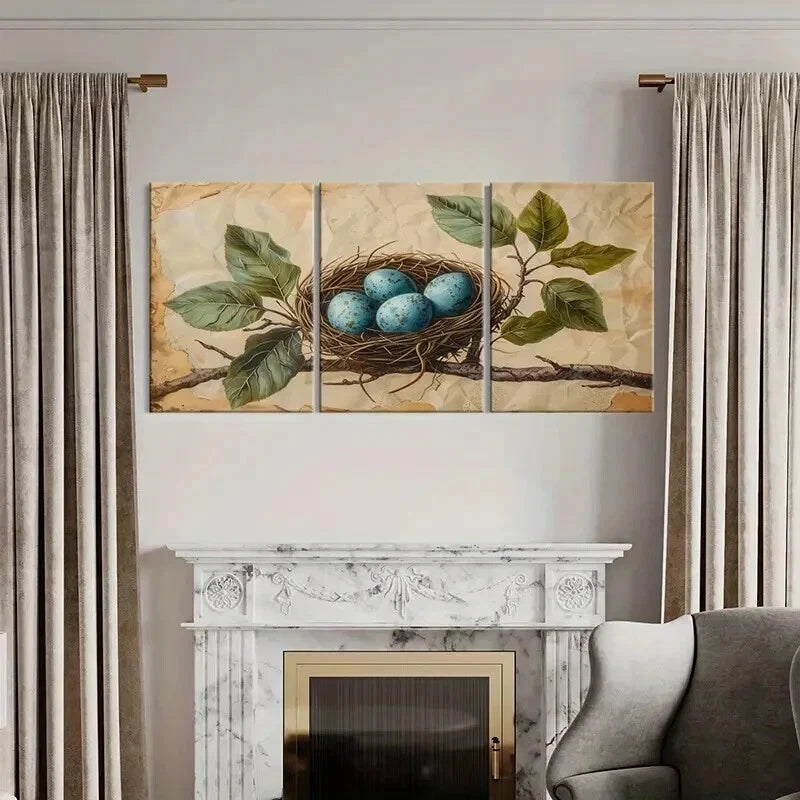 3pcs Bird's Nest Blue Eggs Green Leaves Wall Art Set Canvas Framed 40x60cm - High Quality Print 100% Australian Made Wall Canvas Ready to Hang