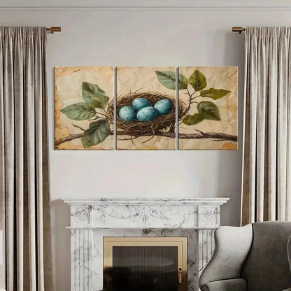 3pcs Bird's Nest Blue Eggs Green Leaves Wall Art Set Canvas Framed 40x60cm - High Quality Print 100% Australian Made Wall Canvas Ready to Hang