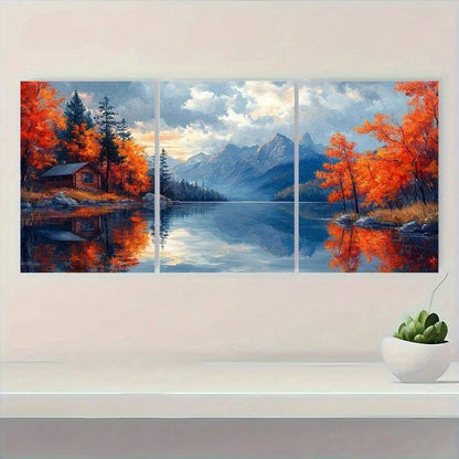 3pcs Autumn Lake House and Mountain Reflections Metal Print Ready to Hang Art