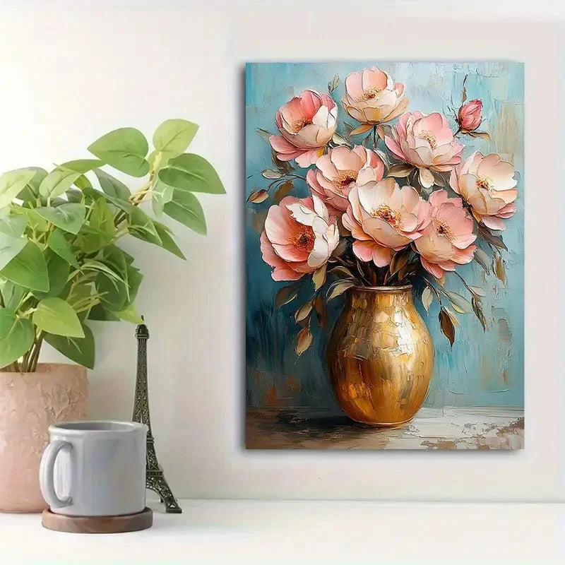 Beautiful Flowers In Golden Vase On Blue Painting 40x60cm Metal Print Ready to Hang