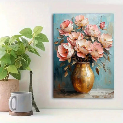 Beautiful Flowers In Golden Vase On Blue Painting 40x60cm Metal Print Ready to Hang