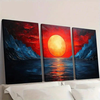 3pcs Seaside Sunset Vibrant Red & Orange Sky Wall Art Set Canvas Framed 40x60cm - High Quality Print 100% Australian Made Wall Canvas Ready to Hang