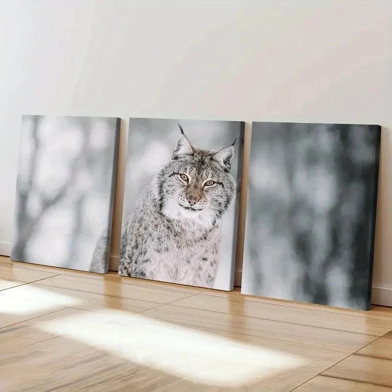 3pcs Snow Scene Feline Art Lynx Modern  Wall Art Set Canvas Framed 40x60cm - High Quality Print 100% Australian Made Wall Canvas Ready to Hang