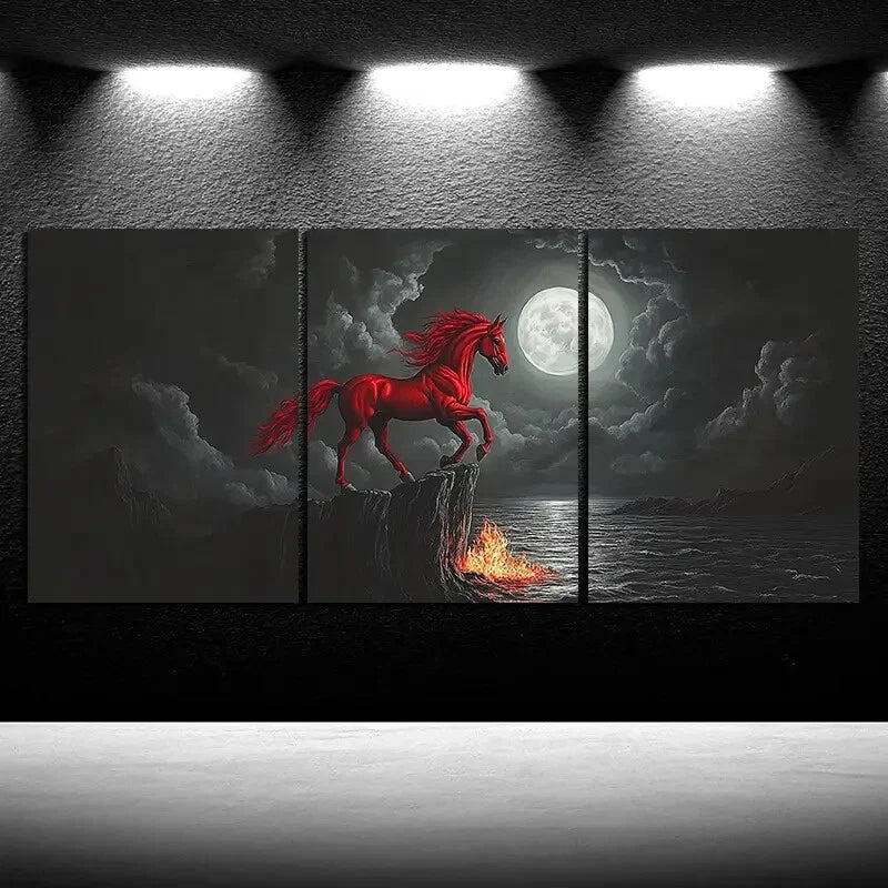 3pcs Red Horse Jumping Under The Moonlight Metal Print Ready to Hang Art
