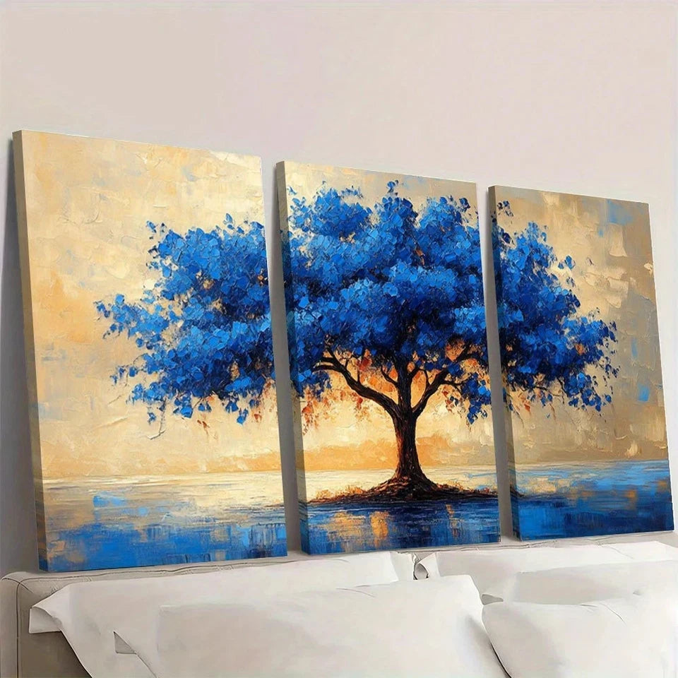 3pcs Lakeside blue tree Modern Abstract Painting Wall Art Set Canvas Framed 40x60cm - High Quality Print 100% Australian Made Wall Canvas Ready to Hang