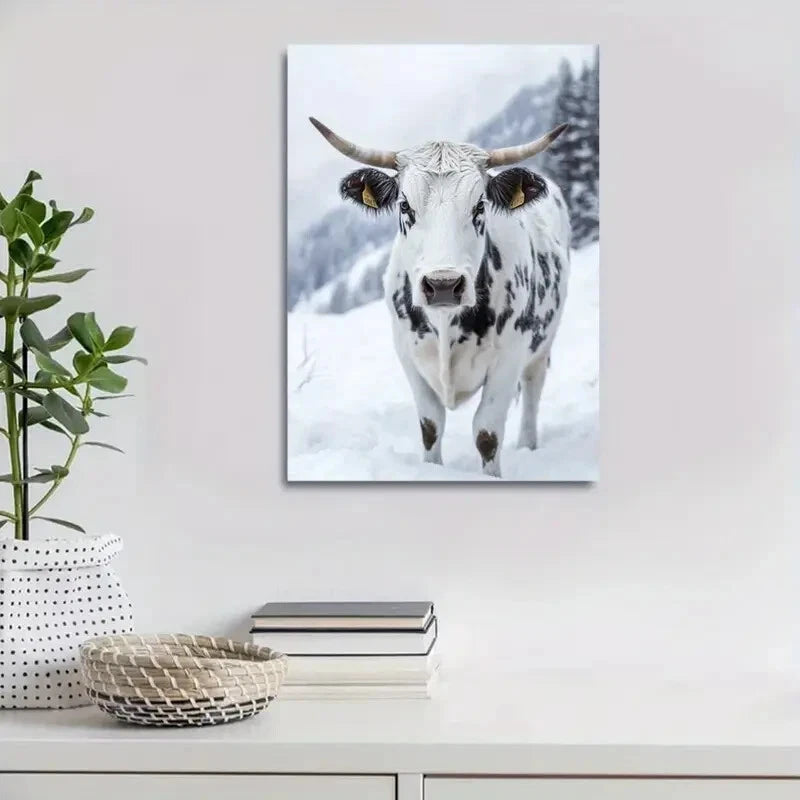 Contemporary Black and White Cow on Snow Painting 40x60cm Metal Print Ready to Hang
