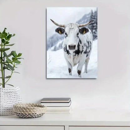Contemporary Black and White Cow on Snow Painting 40x60cm Metal Print Ready to Hang