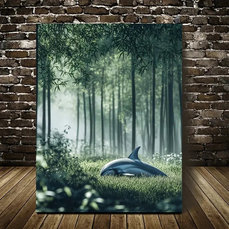 Serene Dolphin & Bamboo Grove Scene Painting 40x60cm Metal Print Ready to Hang