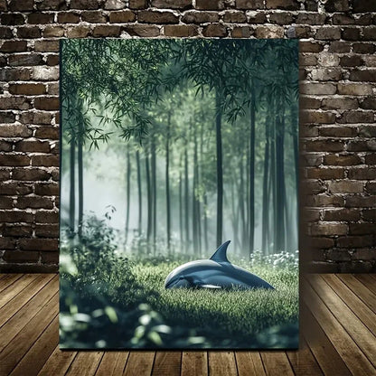 Serene Dolphin & Bamboo Grove Scene Painting 40x60cm Metal Print Ready to Hang