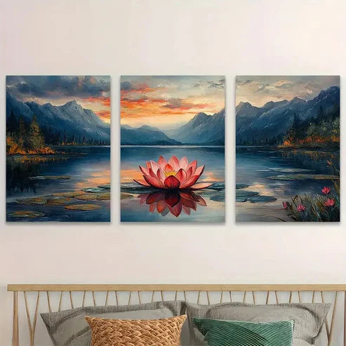 3pcs Lake And Mountains Décor Lotus Perfect Wall Art Set Canvas Unframed - High Quality Print 100% Australian Made Wall Canvas