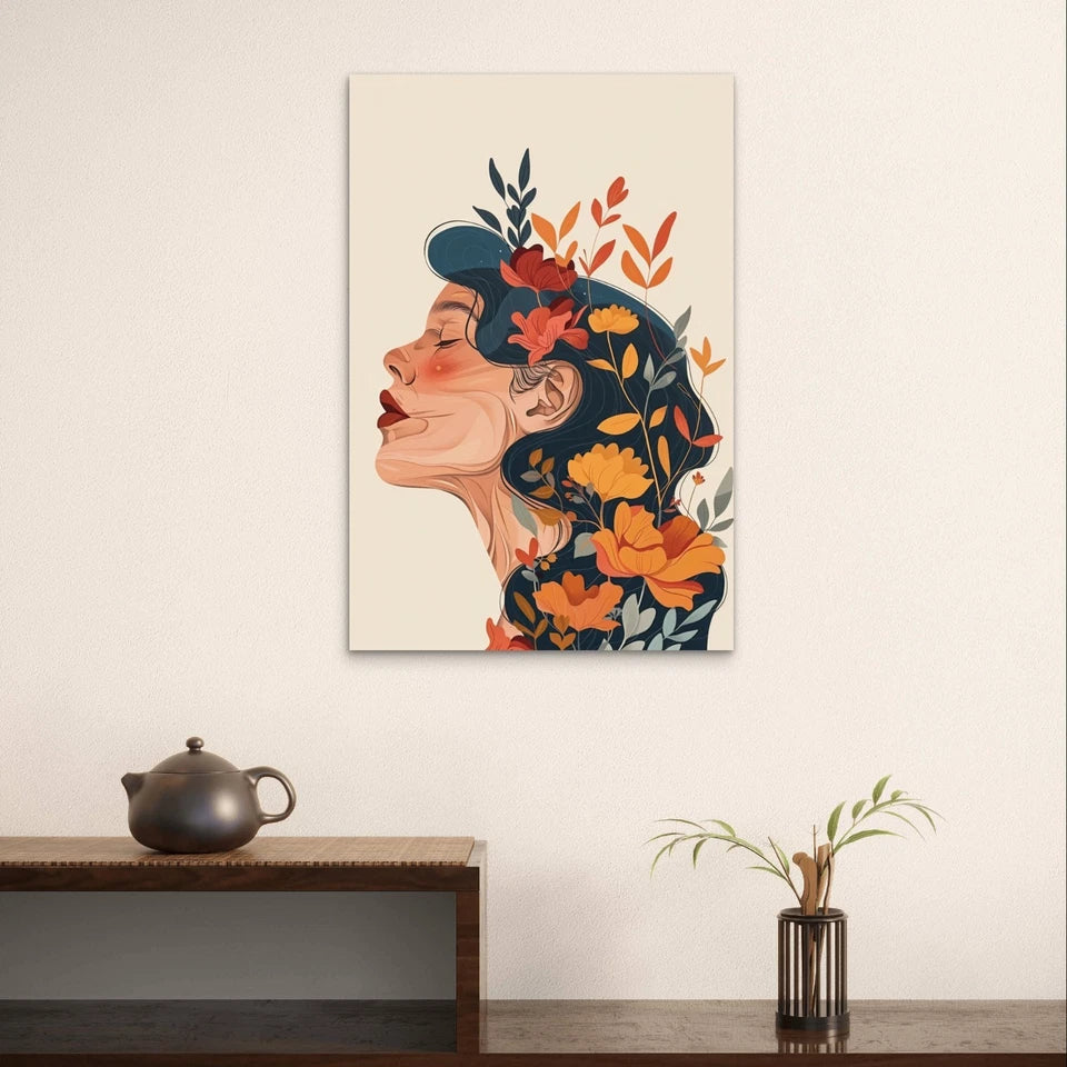 Woman with Floral Hair Line Art Portrait 40x60cm Metal Print Ready to Hang