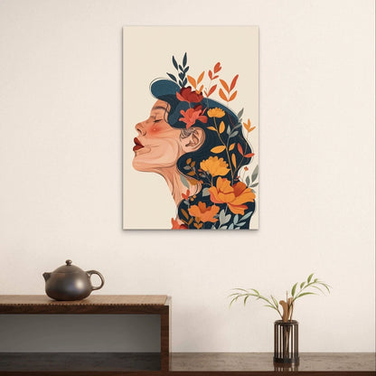 Woman with Floral Hair Line Art Portrait 40x60cm Metal Print Ready to Hang