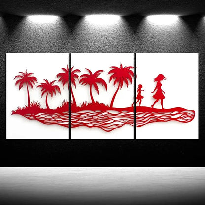 3pcs Coconut Trees and Women Tropical Metal Print Ready to Hang Art