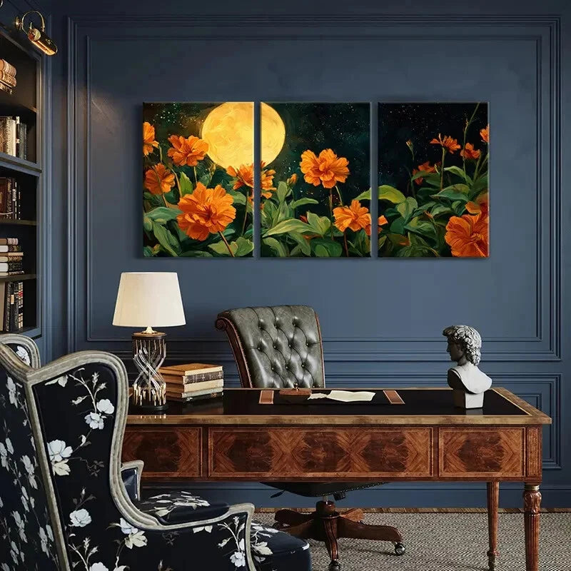 3pcs Vibrant Orange Flowers & Starry Night Sky Metal Print Ready to Hang Art