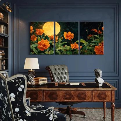 3pcs Vibrant Orange Flowers & Starry Night Sky Metal Print Ready to Hang Art