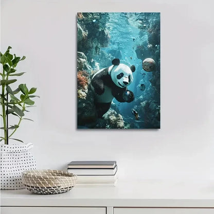 Whimsical Panda Playing with Ball Underwater Painting 40x60cm Metal Print Ready to Hang