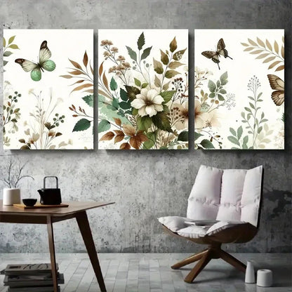 3pcs Elegant Botanical Butterfly Meadow Wall Art Set Canvas Framed 40x60cm - High Quality Print 100% Australian Made Wall Canvas Ready to Hang