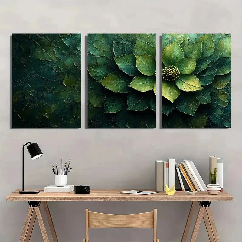 3pcs Abstract Green Leaves & Blooms Flower Metal Print Ready to Hang Art