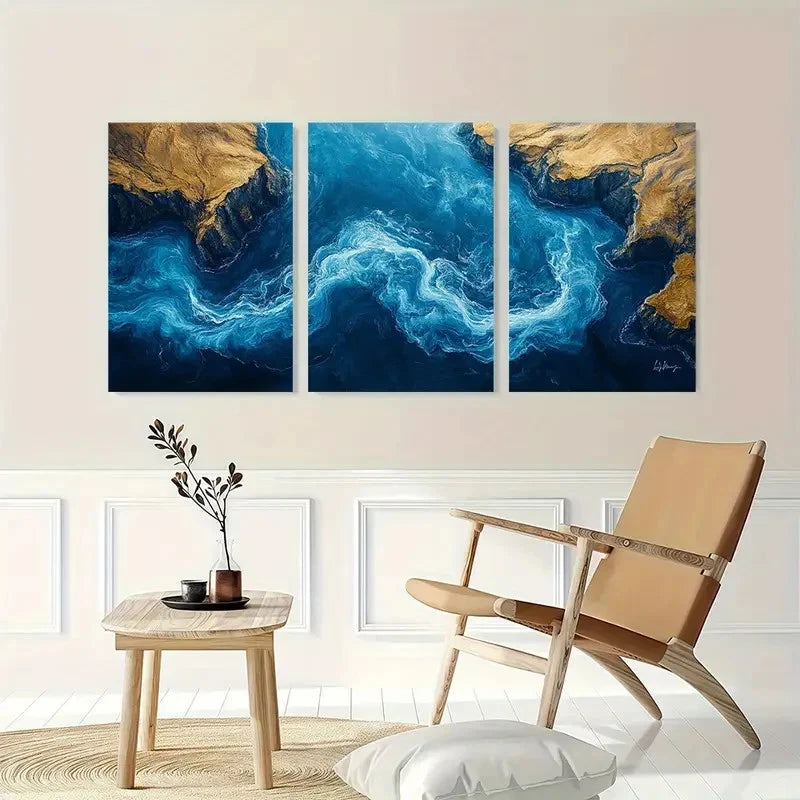 3pcs Navy Blue Golden Black & White Perfect Wall Art Set Canvas Framed 40x60cm - High Quality Print 100% Australian Made Wall Canvas Ready to Hang