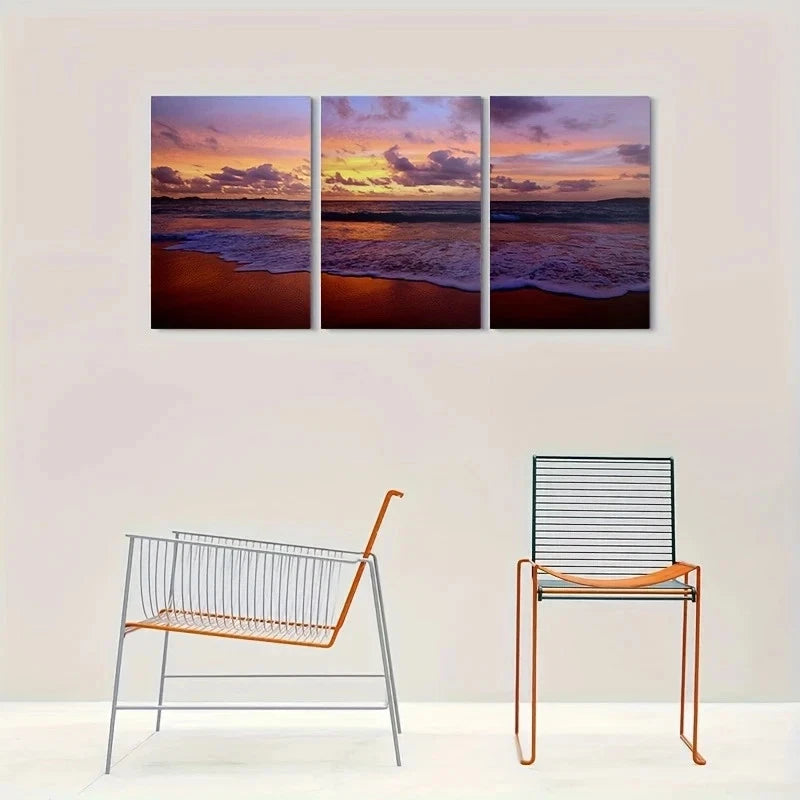 3pcs Sunset Beach Scene Ocean Waves & Sky Metal Print Ready to Hang Art