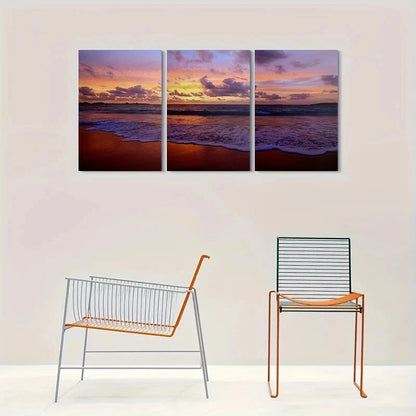 3pcs Sunset Beach Scene Ocean Waves & Sky Metal Print Ready to Hang Art