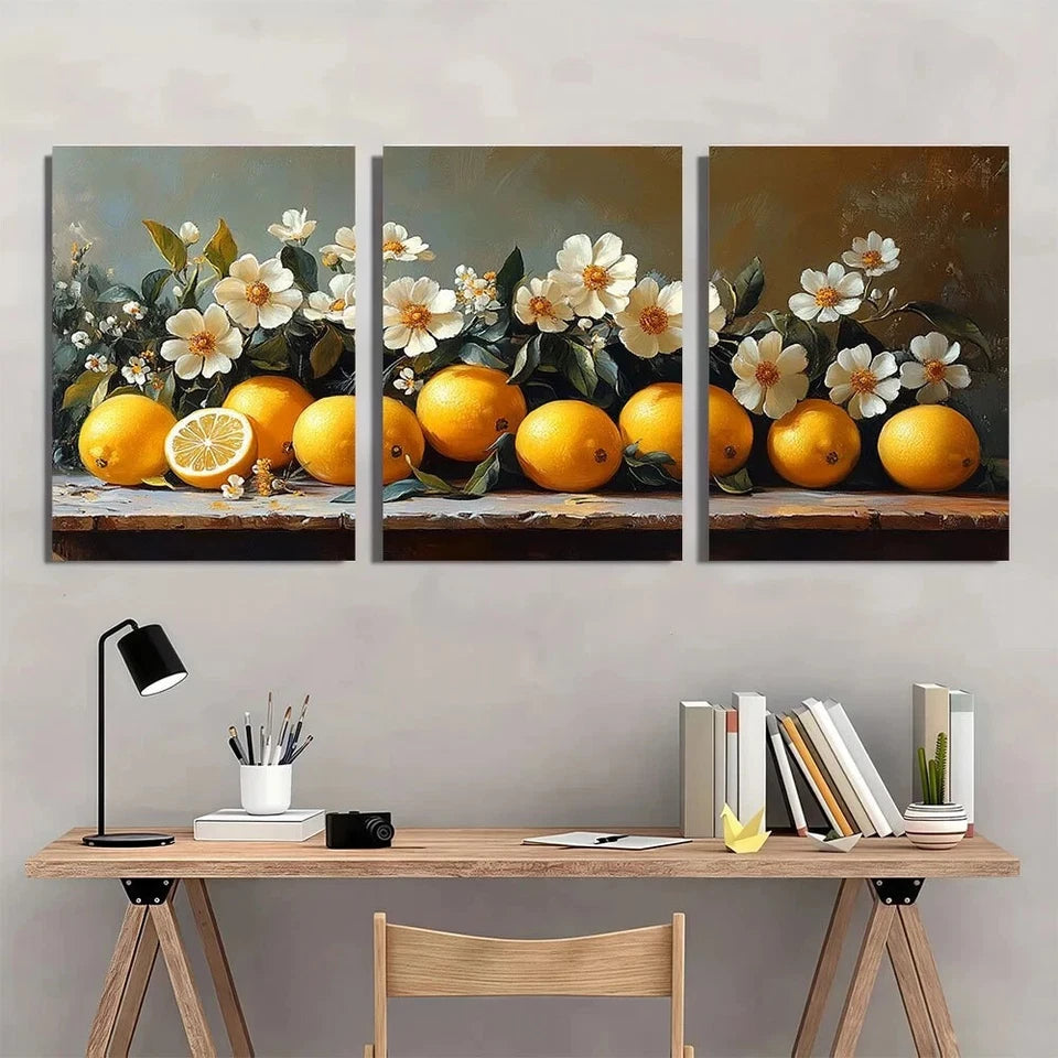 3pcs Floral & Lemon Vibrant White Flowers Metal Print Ready to Hang Art