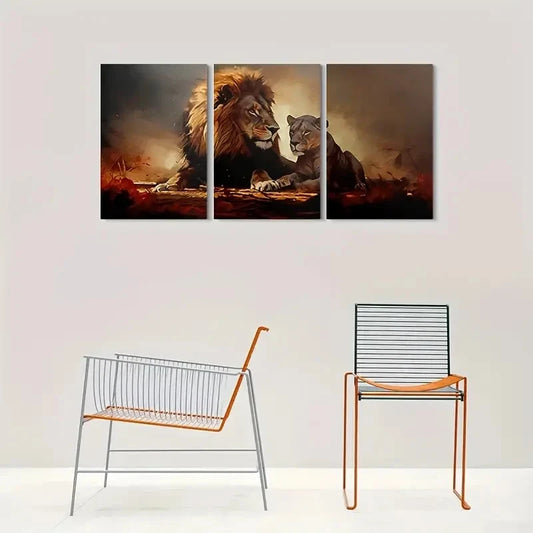 3pcs Triptych Lion and Lioness Wildlife Animal Metal Print Ready to Hang Art
