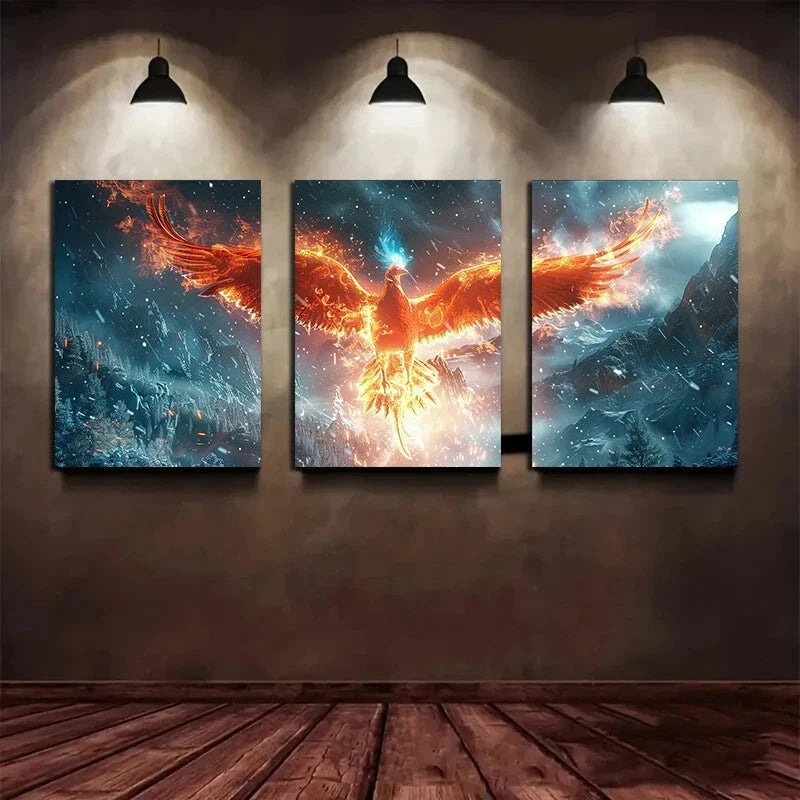3pcs Phoenix Fire and Ice Themed Metal Print Ready to Hang Art