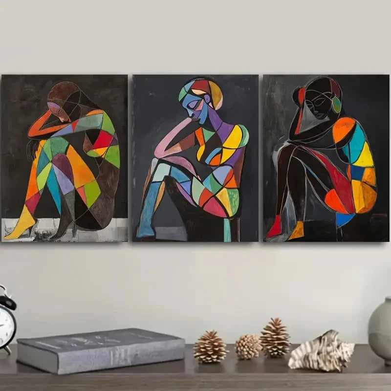 3pcs Colorful Cubist Figures in Deep Thought Wall Art Set Canvas Framed 40x60cm - High Quality Print 100% Australian Made Wall Canvas Ready to Hang