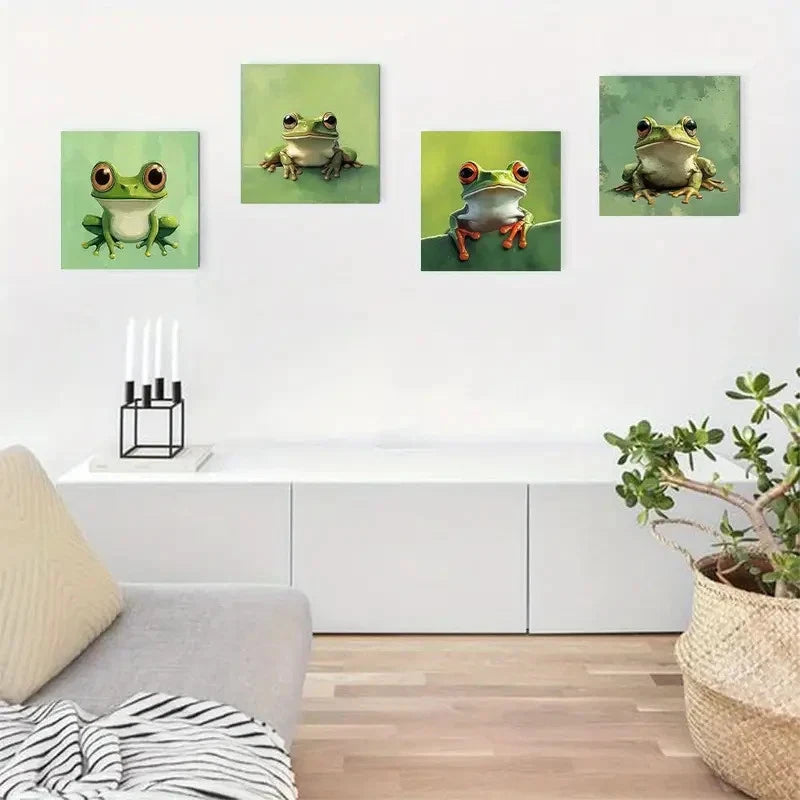 4pcs Whimsical Frog Paintings With Vibrant Color  Wall Art Canvas Framed