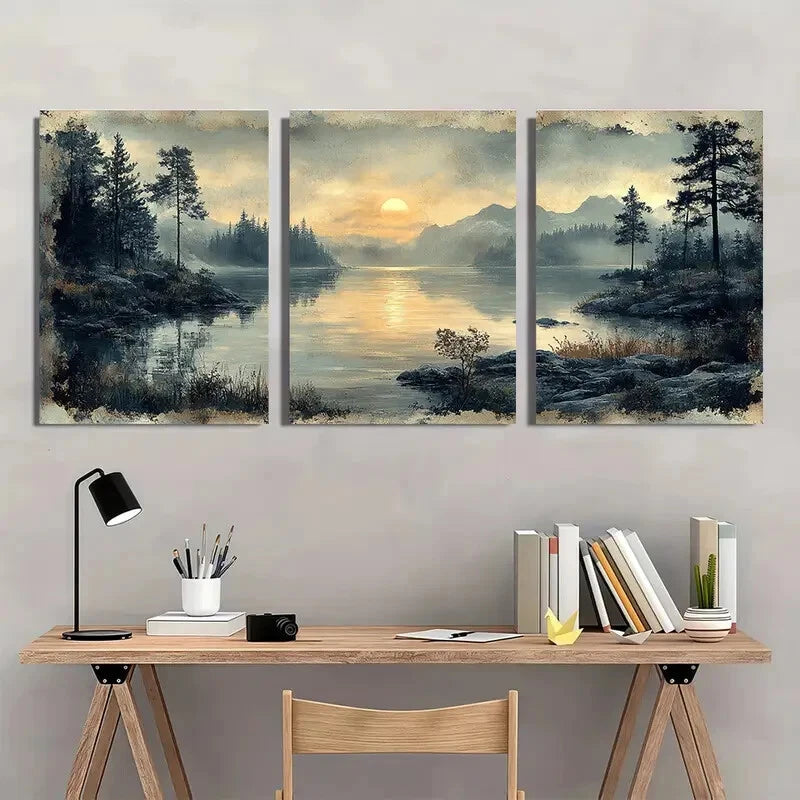 3pcs Serene Sunset by the Lake Landscape Scene Metal Print Ready to Hang Art