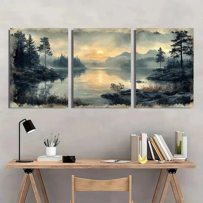 3pcs Serene Sunset by the Lake Landscape Scene Metal Print Ready to Hang Art