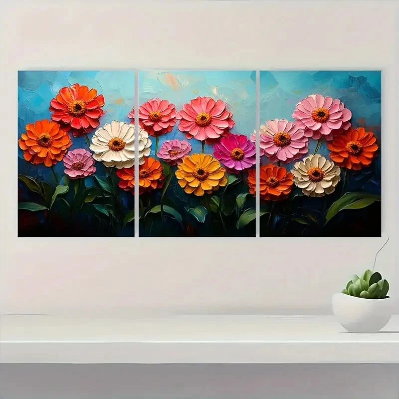 3pcs Reds And Apricot Zinnia Flower Perfect Wall Art Set Canvas Framed 40x60cm - High Quality Print 100% Australian Made Wall Canvas Ready to Hang
