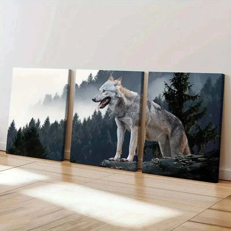 3pcs Wolf on a Rock Top in a Forest Wall Art Set Canvas Framed 40x60cm - High Quality Print 100% Australian Made Wall Canvas Ready to Hang