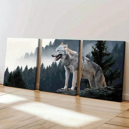 3pcs Wolf on a Rock Top in a Forest Wall Art Set Canvas Framed 40x60cm - High Quality Print 100% Australian Made Wall Canvas Ready to Hang