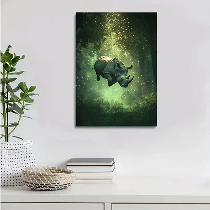 Scene of Rhino Swinging from Trees in Lush Painting 40x60cm Metal Print Ready to Hang