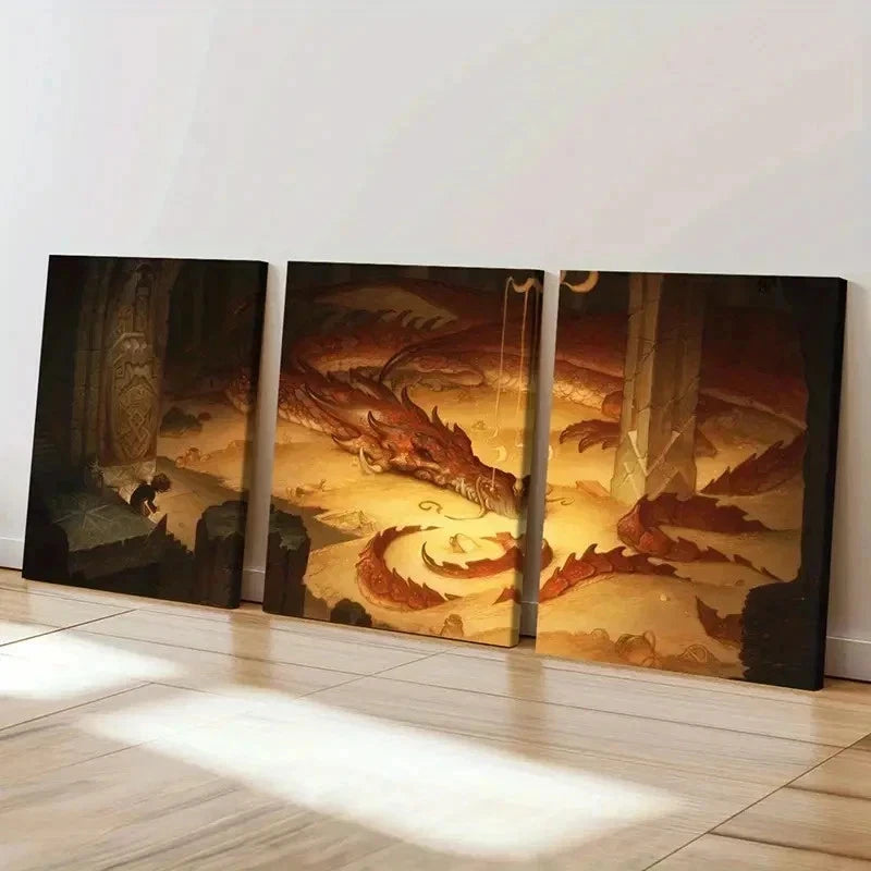 3pcs Vibrant Dragon & Mythical Creature Wall Art Set Canvas Framed 40x60cm - High Quality Print 100% Australian Made Wall Canvas Ready to Hang