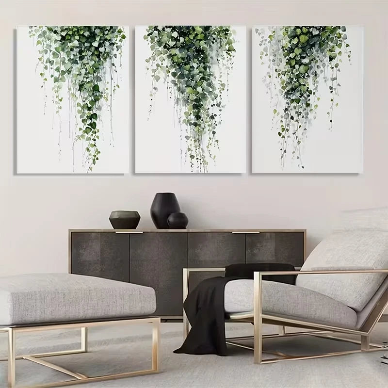 3pcs Green Leaves Cascading Down The Wall  Wall Art Set Canvas Framed 60x90cm - High Quality Print 100% Australian Made Wall Canvas Ready to Hang