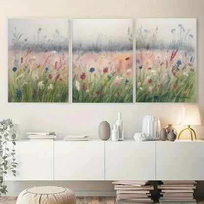 3pcs Wildflowers Green Grass Landscape Painting Metal Print Ready to Hang Art