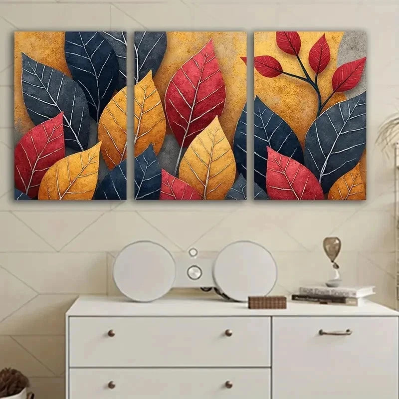 3pcs Red Blue Abstract Leaves Poster Wall Art Set Canvas Framed 60x90cm - High Quality Print 100% Australian Made Wall Canvas Ready to Hang