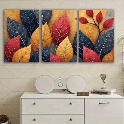 3pcs Red Blue Abstract Leaves Poster Wall Art Set Canvas Framed 60x90cm - High Quality Print 100% Australian Made Wall Canvas Ready to Hang