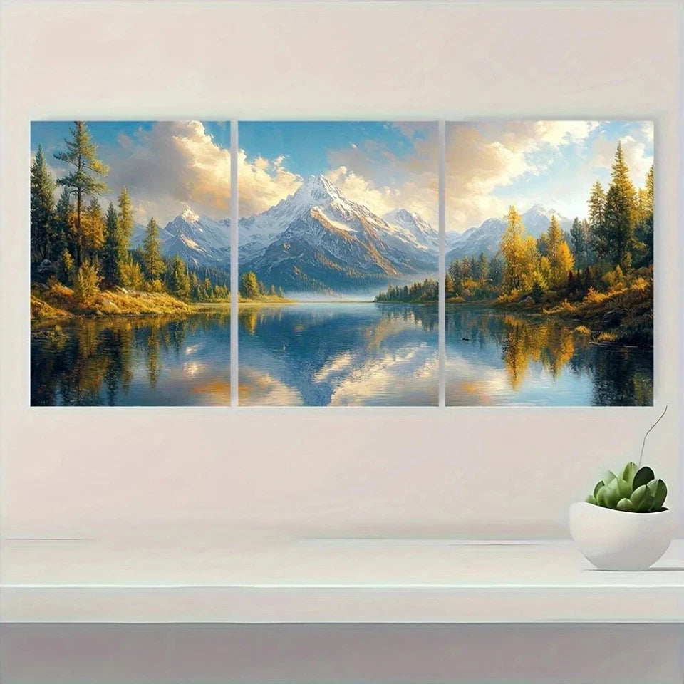 3pcs Trees & Snow Capped Peaks Mountain Lake Metal Print Ready to Hang Art
