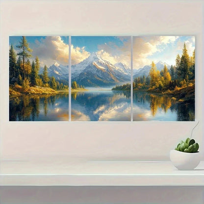 3pcs Trees & Snow Capped Peaks Mountain Lake Metal Print Ready to Hang Art