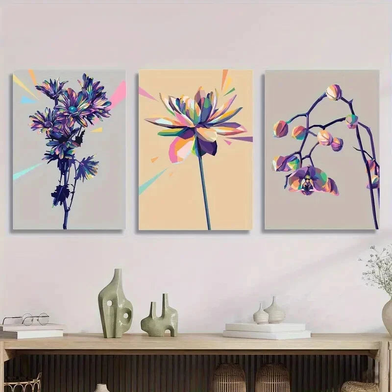 3pcs Abstract Colourful Floral Purple Gold Metal Print Ready to Hang Art