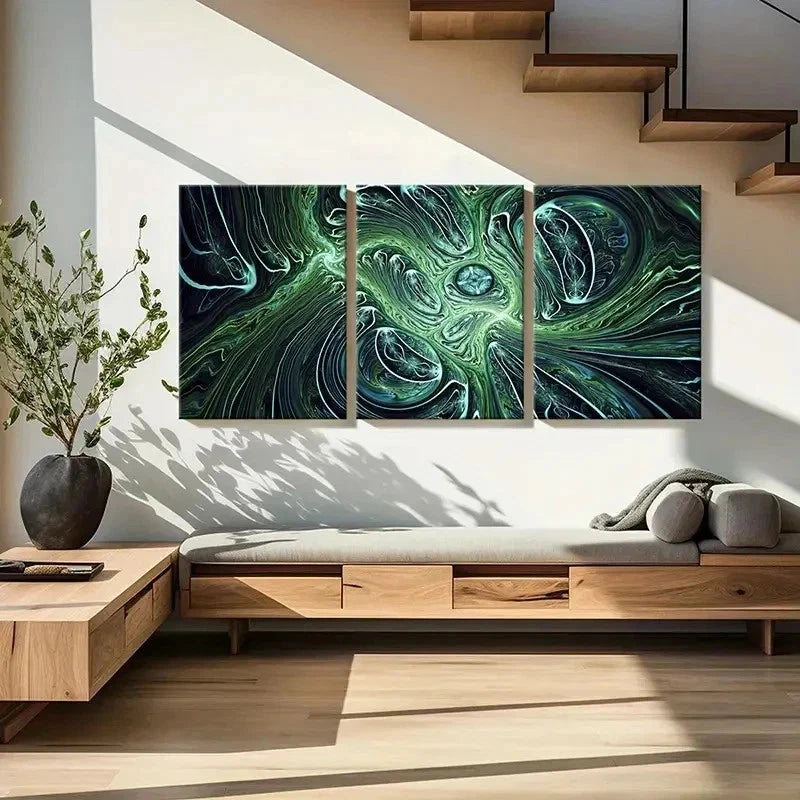3pcs Green Swirl Modern Abstract Psychedelic Wall Art Set Canvas Framed 40x60cm - High Quality Print 100% Australian Made Wall Canvas Ready to Hang