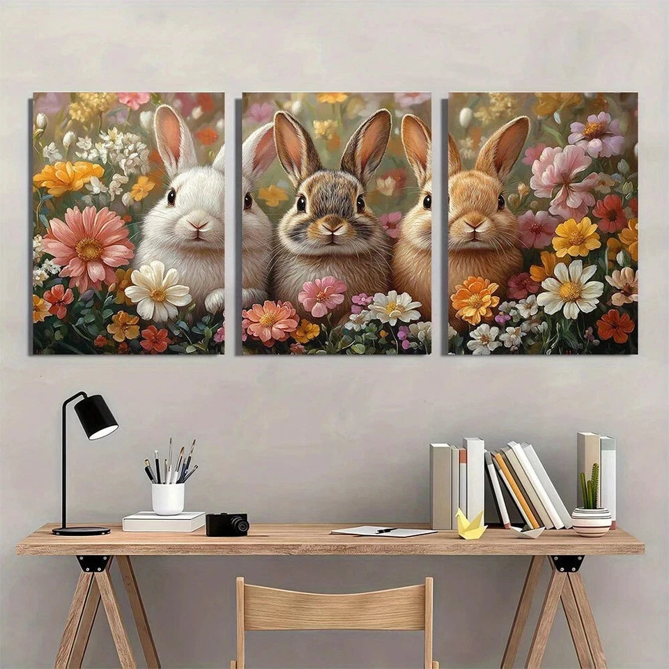 3pcs Bunny Charming Rabbit & Floral Metal Print Ready to Hang Art