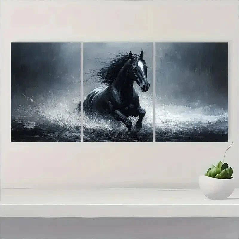 3pcs Black & White Oil Painting Dynamic Horse Metal Print Ready to Hang Art