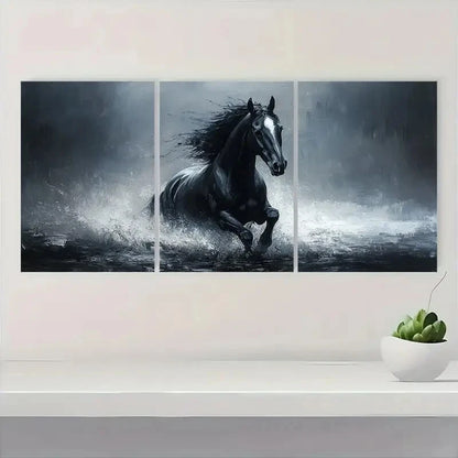 3pcs Black & White Oil Painting Dynamic Horse Metal Print Ready to Hang Art