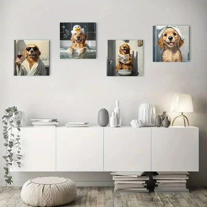 4pcs Funny Golden Retriever Dog Bathroom Wall Art Canvas Framed