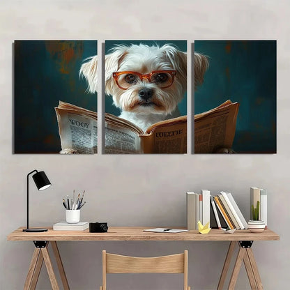 3pcs White Maltese Dog Reading Woof Newspaper Metal Print Ready to Hang Art